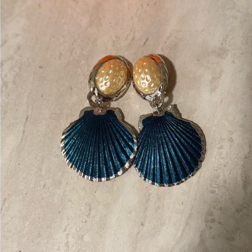 Julietta Azul Pearl & Shell Statement Earrings | Silver/Blue - Picture 3 of 5